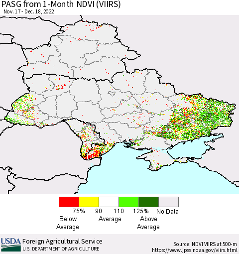 Ukraine, Moldova and Belarus PASG from 1-Month NDVI (VIIRS) Thematic Map For 12/11/2022 - 12/20/2022