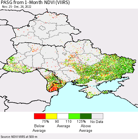 Ukraine, Moldova and Belarus PASG from 1-Month NDVI (VIIRS) Thematic Map For 12/19/2022 - 12/26/2022