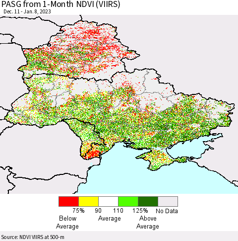 Ukraine, Moldova and Belarus PASG from 1-Month NDVI (VIIRS) Thematic Map For 1/1/2023 - 1/8/2023