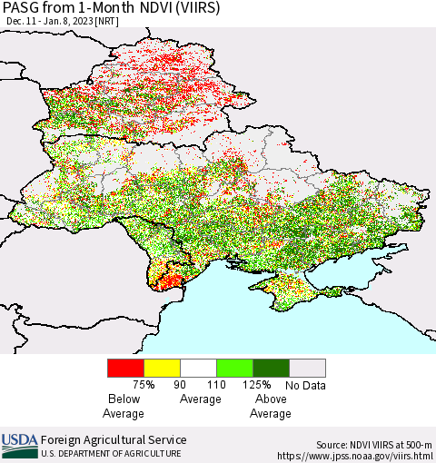 Ukraine, Moldova and Belarus PASG from 1-Month NDVI (VIIRS) Thematic Map For 1/1/2023 - 1/10/2023