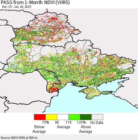Ukraine, Moldova and Belarus PASG from 1-Month NDVI (VIIRS) Thematic Map For 1/9/2023 - 1/16/2023