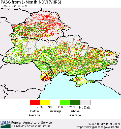 Ukraine, Moldova and Belarus PASG from 1-Month NDVI (VIIRS) Thematic Map For 1/11/2023 - 1/20/2023