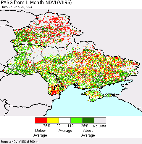 Ukraine, Moldova and Belarus PASG from 1-Month NDVI (VIIRS) Thematic Map For 1/17/2023 - 1/24/2023