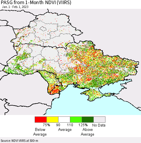 Ukraine, Moldova and Belarus PASG from 1-Month NDVI (VIIRS) Thematic Map For 1/25/2023 - 2/1/2023