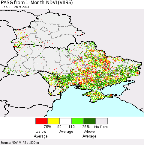 Ukraine, Moldova and Belarus PASG from 1-Month NDVI (VIIRS) Thematic Map For 2/2/2023 - 2/9/2023