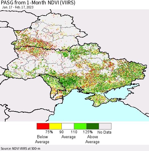 Ukraine, Moldova and Belarus PASG from 1-Month NDVI (VIIRS) Thematic Map For 2/10/2023 - 2/17/2023