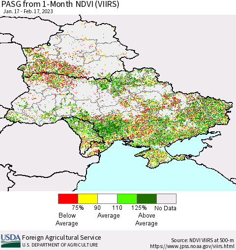 Ukraine, Moldova and Belarus PASG from 1-Month NDVI (VIIRS) Thematic Map For 2/11/2023 - 2/20/2023