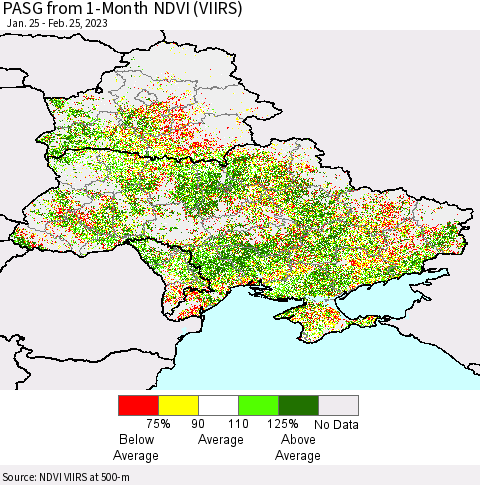 Ukraine, Moldova and Belarus PASG from 1-Month NDVI (VIIRS) Thematic Map For 2/18/2023 - 2/25/2023
