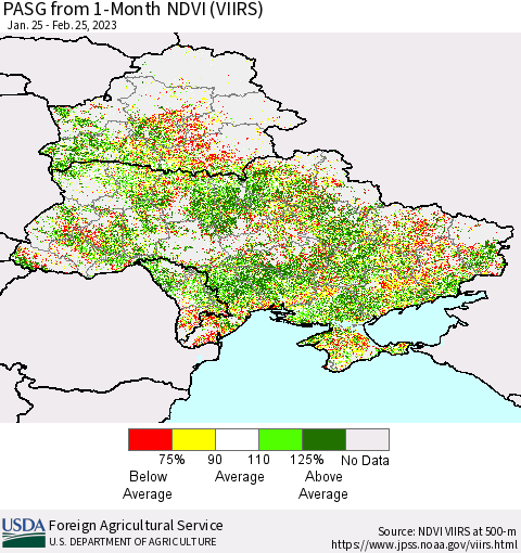 Ukraine, Moldova and Belarus PASG from 1-Month NDVI (VIIRS) Thematic Map For 2/21/2023 - 2/28/2023