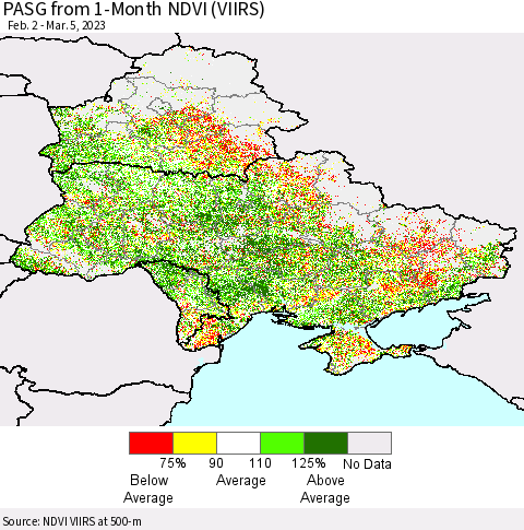 Ukraine, Moldova and Belarus PASG from 1-Month NDVI (VIIRS) Thematic Map For 2/26/2023 - 3/5/2023