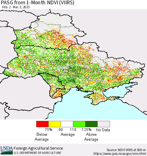 Ukraine, Moldova and Belarus PASG from 1-Month NDVI (VIIRS) Thematic Map For 3/1/2023 - 3/10/2023