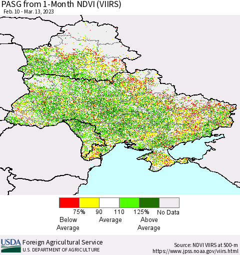 Ukraine, Moldova and Belarus PASG from 1-Month NDVI (VIIRS) Thematic Map For 3/11/2023 - 3/20/2023