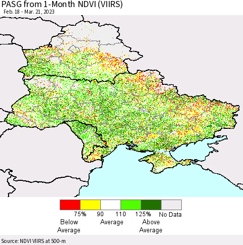 Ukraine, Moldova and Belarus PASG from 1-Month NDVI (VIIRS) Thematic Map For 3/14/2023 - 3/21/2023