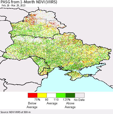 Ukraine, Moldova and Belarus PASG from 1-Month NDVI (VIIRS) Thematic Map For 3/22/2023 - 3/29/2023