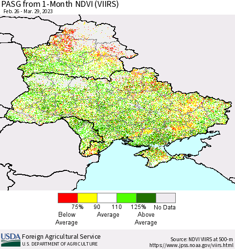 Ukraine, Moldova and Belarus PASG from 1-Month NDVI (VIIRS) Thematic Map For 3/21/2023 - 3/31/2023