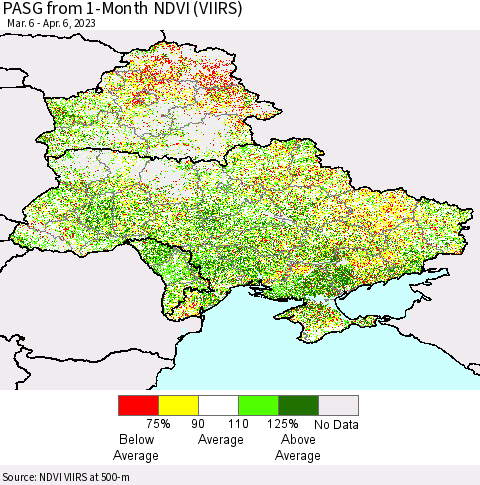 Ukraine, Moldova and Belarus PASG from 1-Month NDVI (VIIRS) Thematic Map For 3/30/2023 - 4/6/2023