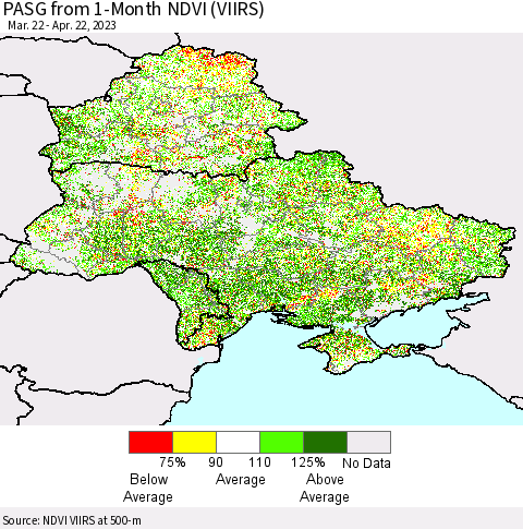 Ukraine, Moldova and Belarus PASG from 1-Month NDVI (VIIRS) Thematic Map For 4/15/2023 - 4/22/2023