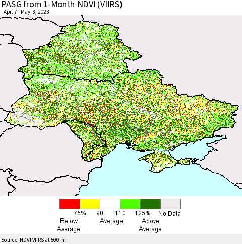 Ukraine, Moldova and Belarus PASG from 1-Month NDVI (VIIRS) Thematic Map For 5/1/2023 - 5/8/2023