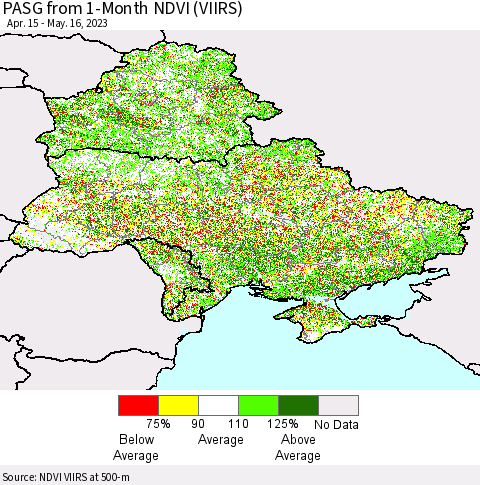 Ukraine, Moldova and Belarus PASG from 1-Month NDVI (VIIRS) Thematic Map For 5/9/2023 - 5/16/2023