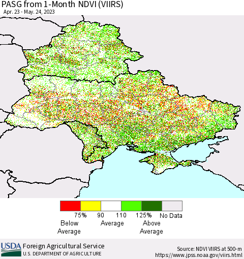 Ukraine, Moldova and Belarus PASG from 1-Month NDVI (VIIRS) Thematic Map For 5/21/2023 - 5/31/2023