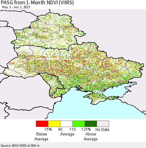 Ukraine, Moldova and Belarus PASG from 1-Month NDVI (VIIRS) Thematic Map For 5/25/2023 - 6/1/2023