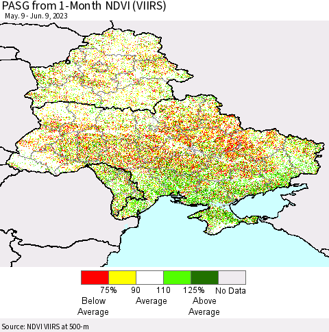 Ukraine, Moldova and Belarus PASG from 1-Month NDVI (VIIRS) Thematic Map For 6/2/2023 - 6/9/2023