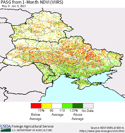 Ukraine, Moldova and Belarus PASG from 1-Month NDVI (VIIRS) Thematic Map For 6/1/2023 - 6/10/2023