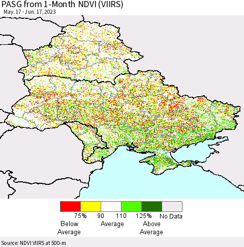Ukraine, Moldova and Belarus PASG from 1-Month NDVI (VIIRS) Thematic Map For 6/10/2023 - 6/17/2023