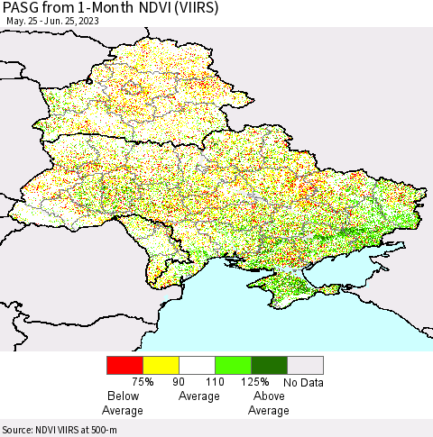Ukraine, Moldova and Belarus PASG from 1-Month NDVI (VIIRS) Thematic Map For 6/18/2023 - 6/25/2023