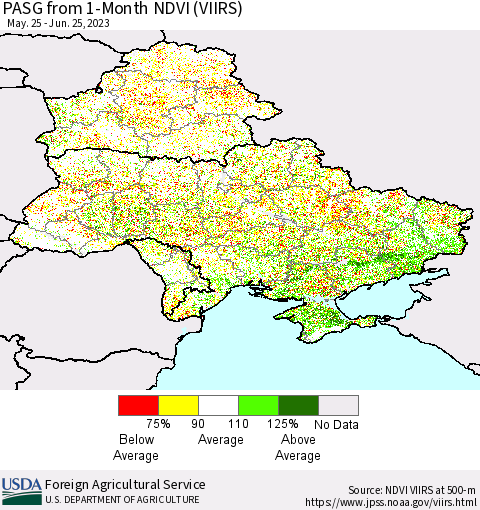Ukraine, Moldova and Belarus PASG from 1-Month NDVI (VIIRS) Thematic Map For 6/21/2023 - 6/30/2023