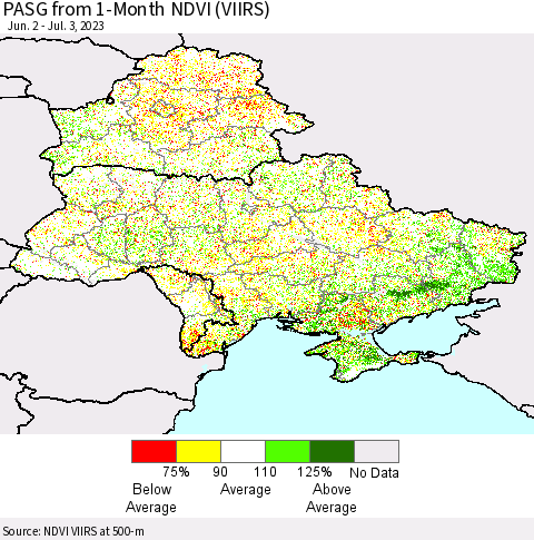 Ukraine, Moldova and Belarus PASG from 1-Month NDVI (VIIRS) Thematic Map For 6/26/2023 - 7/3/2023