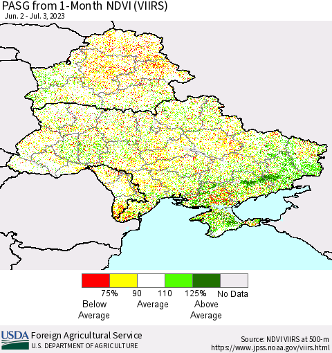 Ukraine, Moldova and Belarus PASG from 1-Month NDVI (VIIRS) Thematic Map For 7/1/2023 - 7/10/2023