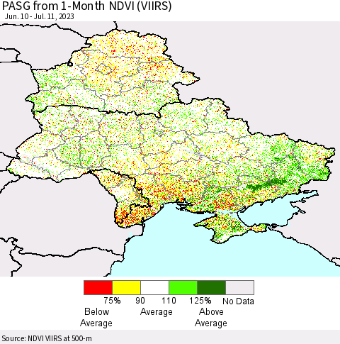 Ukraine, Moldova and Belarus PASG from 1-Month NDVI (VIIRS) Thematic Map For 7/4/2023 - 7/11/2023