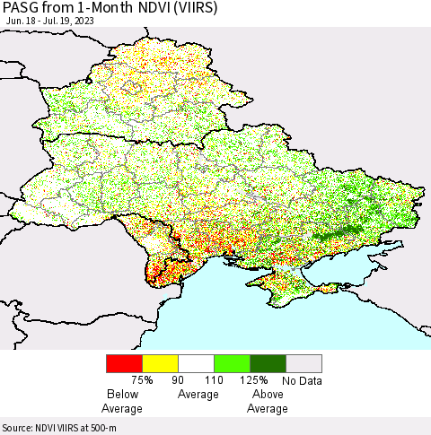 Ukraine, Moldova and Belarus PASG from 1-Month NDVI (VIIRS) Thematic Map For 7/12/2023 - 7/19/2023