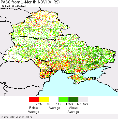 Ukraine, Moldova and Belarus PASG from 1-Month NDVI (VIIRS) Thematic Map For 7/20/2023 - 7/27/2023