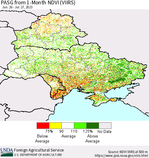 Ukraine, Moldova and Belarus PASG from 1-Month NDVI (VIIRS) Thematic Map For 7/21/2023 - 7/31/2023