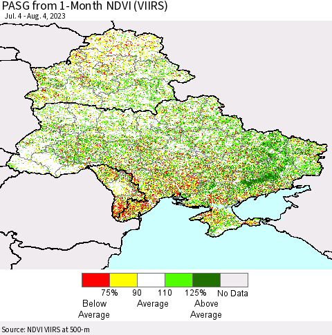 Ukraine, Moldova and Belarus PASG from 1-Month NDVI (VIIRS) Thematic Map For 7/28/2023 - 8/4/2023