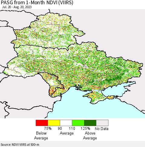 Ukraine, Moldova and Belarus PASG from 1-Month NDVI (VIIRS) Thematic Map For 8/13/2023 - 8/20/2023