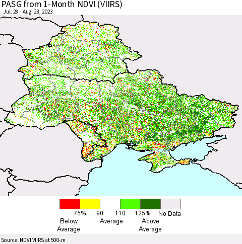 Ukraine, Moldova and Belarus PASG from 1-Month NDVI (VIIRS) Thematic Map For 8/21/2023 - 8/28/2023