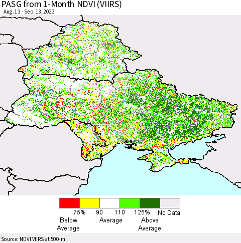 Ukraine, Moldova and Belarus PASG from 1-Month NDVI (VIIRS) Thematic Map For 9/6/2023 - 9/13/2023