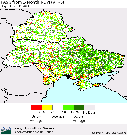 Ukraine, Moldova and Belarus PASG from 1-Month NDVI (VIIRS) Thematic Map For 9/11/2023 - 9/20/2023