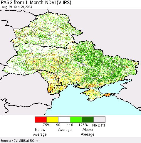 Ukraine, Moldova and Belarus PASG from 1-Month NDVI (VIIRS) Thematic Map For 9/22/2023 - 9/29/2023
