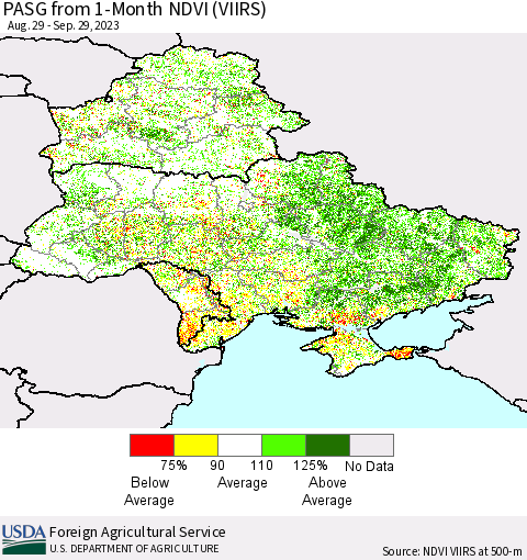 Ukraine, Moldova and Belarus PASG from 1-Month NDVI (VIIRS) Thematic Map For 9/21/2023 - 9/30/2023