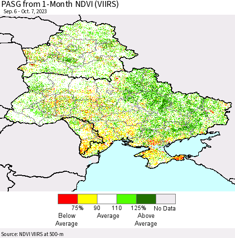 Ukraine, Moldova and Belarus PASG from 1-Month NDVI (VIIRS) Thematic Map For 9/30/2023 - 10/7/2023