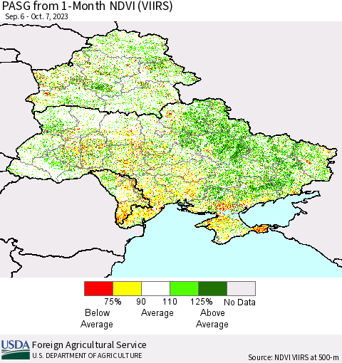 Ukraine, Moldova and Belarus PASG from 1-Month NDVI (VIIRS) Thematic Map For 10/1/2023 - 10/10/2023