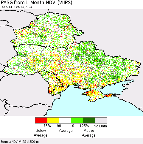 Ukraine, Moldova and Belarus PASG from 1-Month NDVI (VIIRS) Thematic Map For 10/8/2023 - 10/15/2023