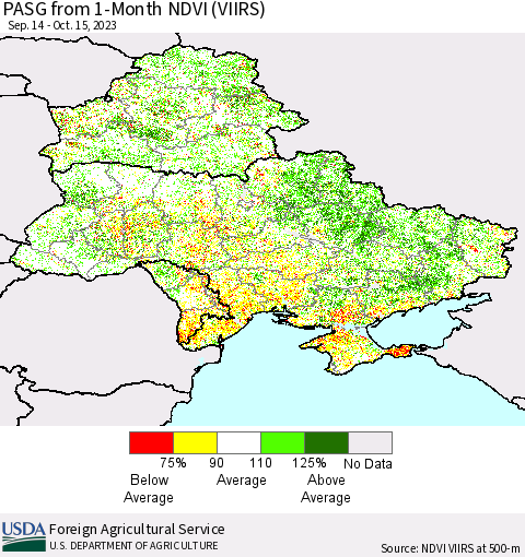 Ukraine, Moldova and Belarus PASG from 1-Month NDVI (VIIRS) Thematic Map For 10/11/2023 - 10/20/2023