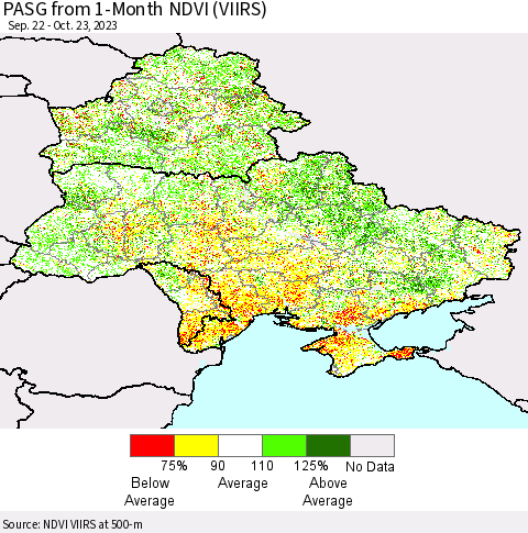 Ukraine, Moldova and Belarus PASG from 1-Month NDVI (VIIRS) Thematic Map For 10/16/2023 - 10/23/2023