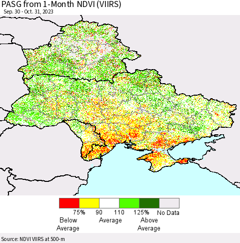 Ukraine, Moldova and Belarus PASG from 1-Month NDVI (VIIRS) Thematic Map For 10/24/2023 - 10/31/2023