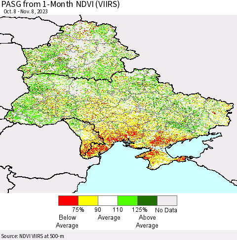 Ukraine, Moldova and Belarus PASG from 1-Month NDVI (VIIRS) Thematic Map For 11/1/2023 - 11/8/2023